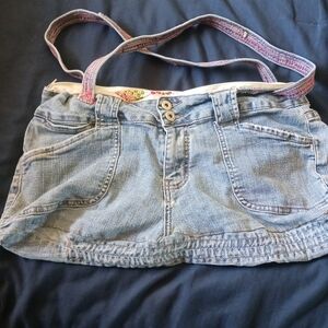 Denim Mini Skirt Bag with Floral Trim